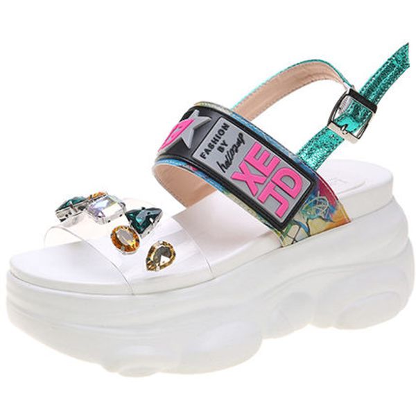 

2020 summer new platform platform sandals with transparent fashion all-match color diamond personality large size sandals, Black