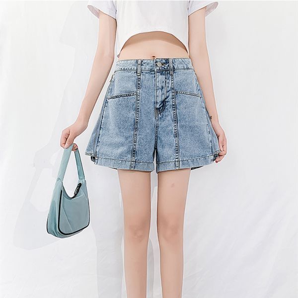 

women's jeans shorts summer fashion girls high waist wide leg shorts plus size black denim zippers s-5xl, Blue