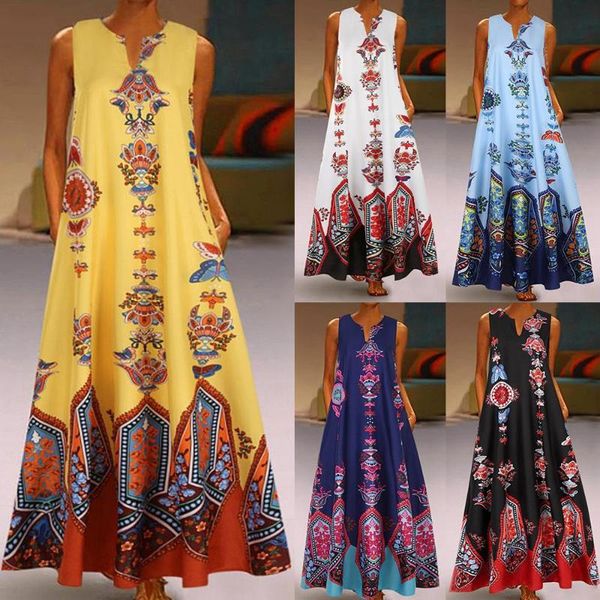 

casual dresses vintage sleeveless printed maxi dress women plus size deep v neck yellow trendy summer retro vestidos robe mujer pocket, Black;gray