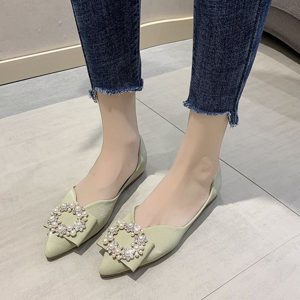 

solid color single shoes women pointed toe flats pearl crystal flat shoes sweet office soft sole women loafers green beige, Black