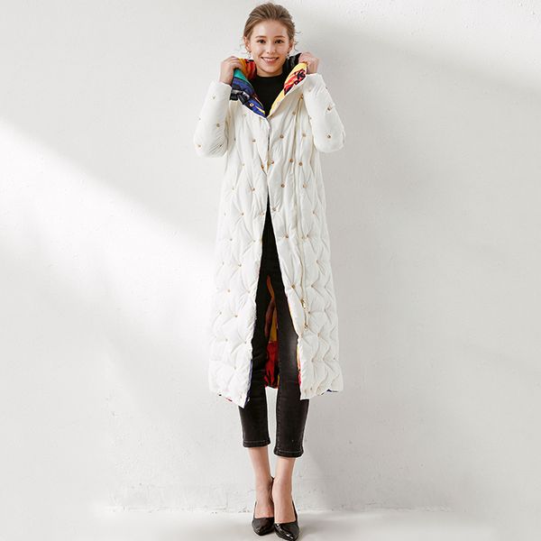 

european and american style winter long down jacket with white riveting collar fashion thin large brand coat coat