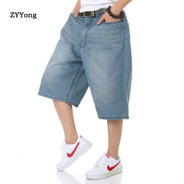 

summer denim shorts men jeans loose baggy straight harem wide leg pants skateboard hip hop streetwear blue cropped trousers