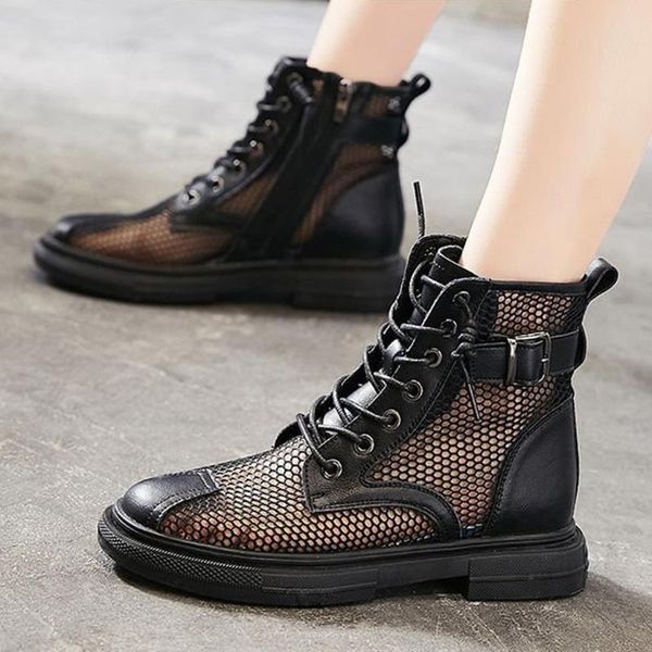 

summer harajuku hollow breathable women's boots martins boots fashion women flats slip-on solid color short boot round toe, Black