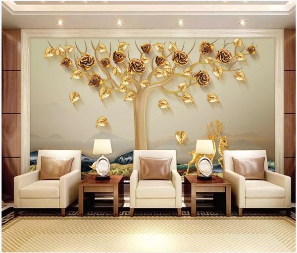 

3d wallpaper custom p mural embossed elk fortune tree golden rose home decor living room p wallpaper for walls 3 d