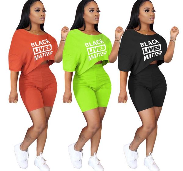 

women tracksuit designer letters black lives matter off shoulder t shirt crop shorts two pieces outfits summer sports suit 3 color d7615, White