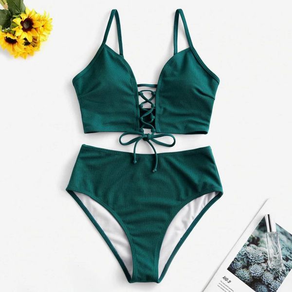 

womens swimming suit solid bikini set two piece lace up floral leaf tankini swimsuit swimwear women bikini 15, White;black