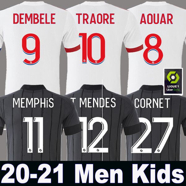 

20 21 lyon soccer jersey dembele 2020 2021 olympique lyonnais t.mendes aouar traore men + kids kit set lyon maillot de foot ol tousart, Black;yellow