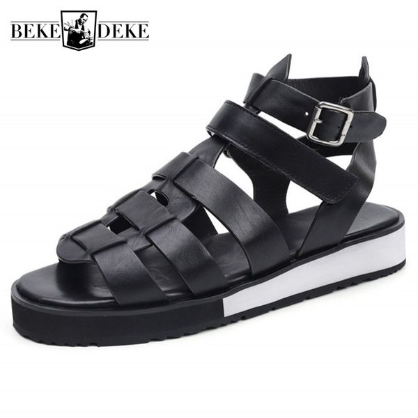 

sandals classic 100% real leather men summer breathable open toe casual platform shoes beach plus size 47, Black