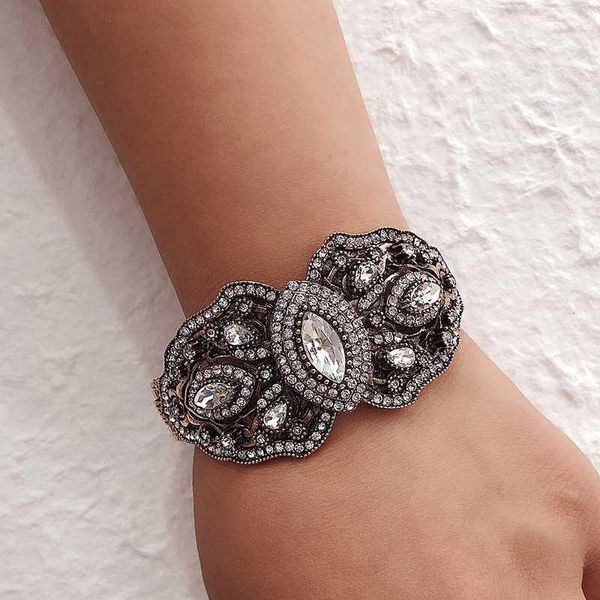 

kinel turkish vintage big bangle women crystal flower cuff bracelet white gray stone antique gold color retor wedding jewelry, Black