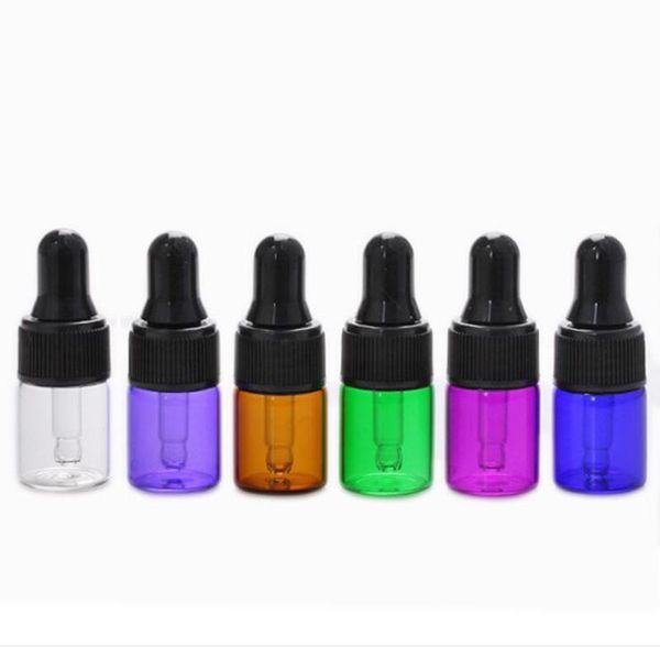 Atacado 2ml Limpar Amber Azul Verde Mini Glass Glass Garrafas de vidro pequenos frascos com tampa preta para perfume cosmético Ask