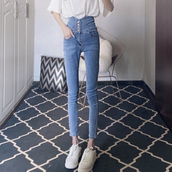 

для женщин в корейском стиле высокого талией однобортный slim-fit stretch обрезанные брюки прохладный все матча карандаш джинсы горячие брюк, Blue