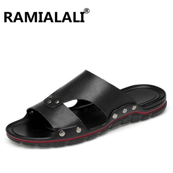 

men summer flip flops shoes leather men slippers casual beach slippers male flip flop mens slides pantoffels, Black