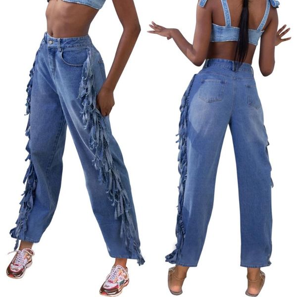 

ladies loose washed tassel denim nightclub pants long plus size jeans for women, Blue