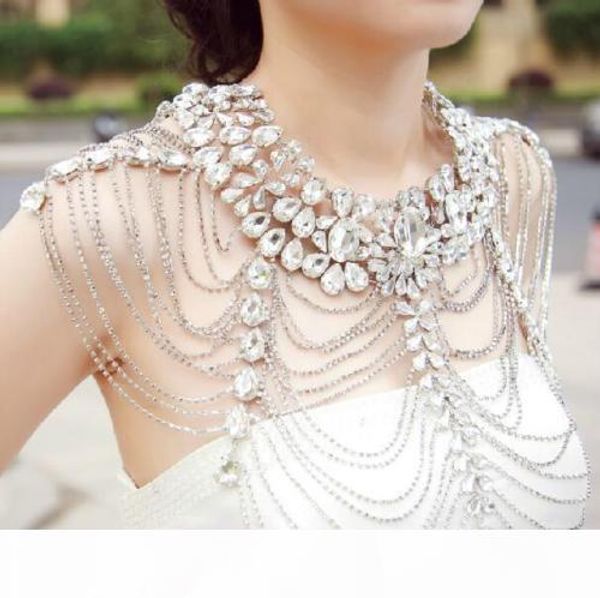 

урожай свадебные ювелирные изделия set плеча цепи ожерелье серьги серебряный кристалл rhinestone тела цепи ожерелье партии ювелирных изделий, Silver