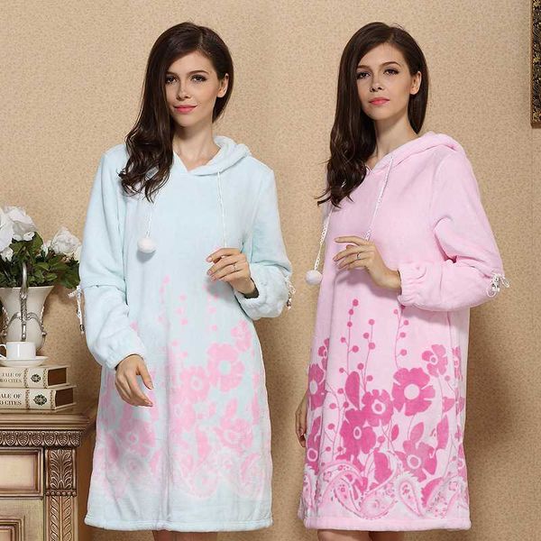 

bathrobe autumn winter models long-sleeved flannel nightgown coral velvet nightdress hooded home service female mid-length dress, Black;red