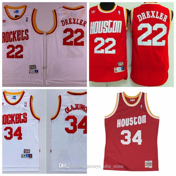 

men houston rockets hakeem olajuwon 34 clyde drexler 22 mitchell & ness teal road 1993-94 hardwoods classics swingman jersey 07, Black;red