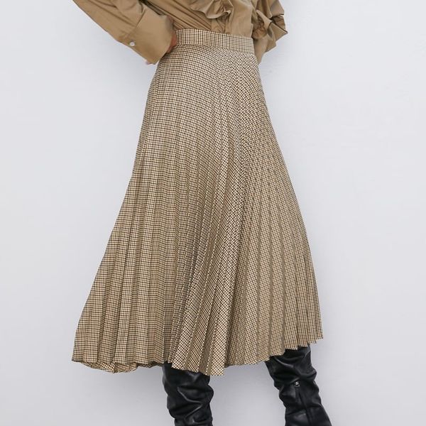 

women long skirts spring 2020 new fashion side zipper modern lady mid-calf plaid pleated skirts, Black