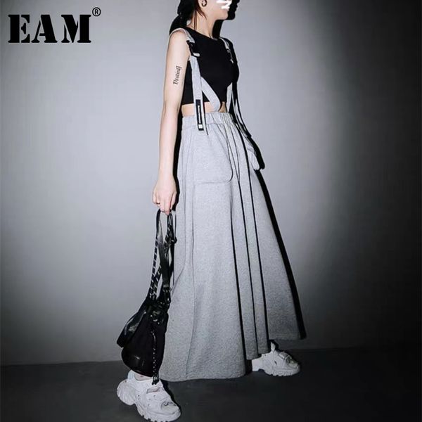

eam] high waist gray big size pocket split joint long strap half-body skirt women fashion tide new spring autumn 2020 1w185, Black