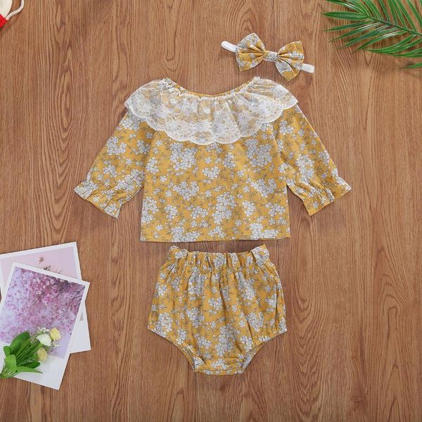 

0-24 months newborn baby girl clothes outfits floral print ,long sleeve lace doll collar elastic waist shorts bow headband, White