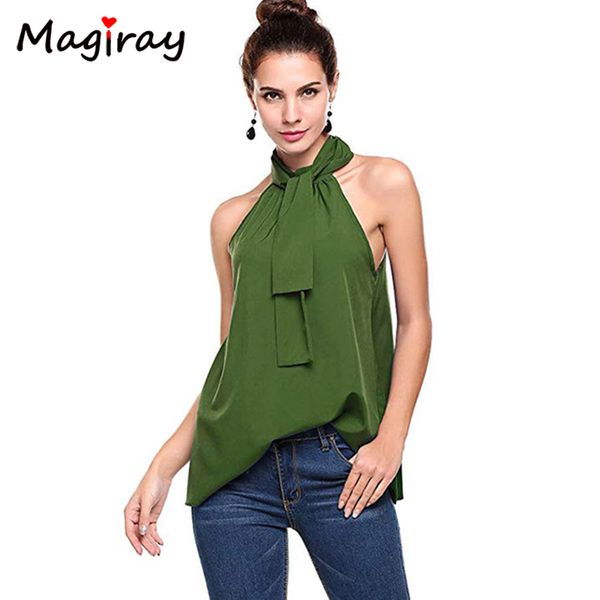 

magiray halter sleeveless blouse women cold shoulder bow tie white red green black female summer tunic elegant shirt 63