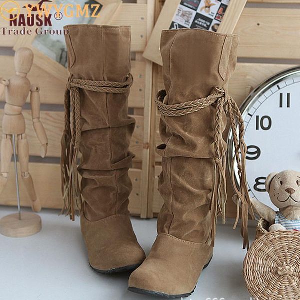 

nausk women boots autumn winter fringe half knee high boots ladies tassel fleece shoes woman botas feminina plus size 35-43, Black