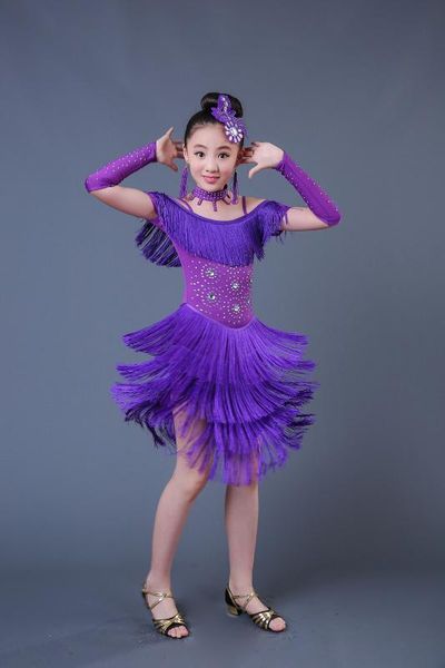

2020 fashion sequin fringe tassel latin dance dress girls stage performance costumes tango ballroom dance dress kids latin, Black;red