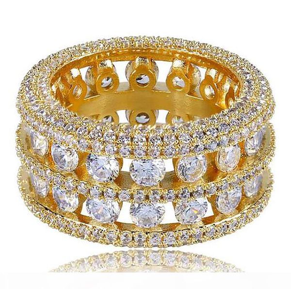 

mens 2 row channel set полые 360 eternity ленточного золота cz bling ring full симулированного diamonds micro pave установить камни hip hop, Slivery;golden