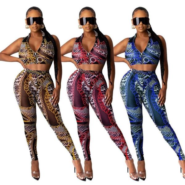 

sport women chain print two piece set zipper up crop pencil jogger sweatpants suit tracksuit matching set outfit, Gray