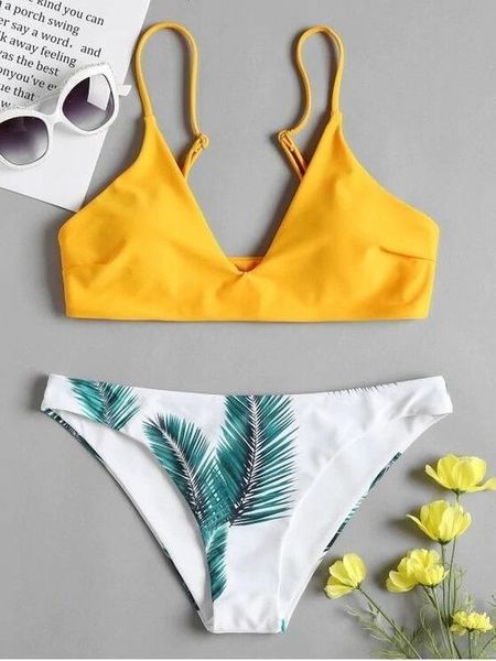 

swimwear women leaf print bikini set push up padded bathing swimsuit beachwear spaghetti straps maillot de bain femme, White;black