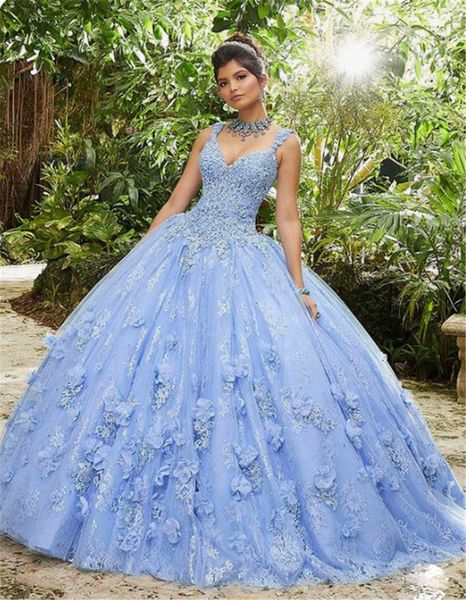 

3d flower lace appliques quinceanera dresses spaghetti deep v neck formal vestidos de quinceanera party women evening sweet 16 party gowns, Blue;red