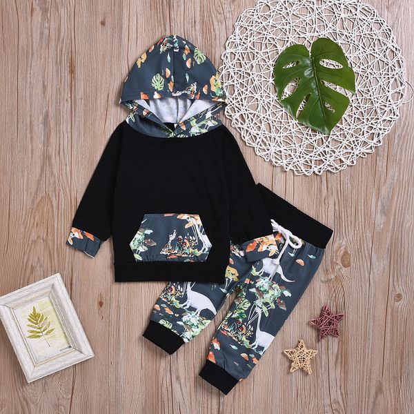 

wqcmo 2019 autumn children's suits for boys and girls pant s for boys and girls cartoon dinosaur printed hooded sweater pants suit chil