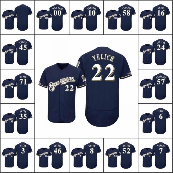 

milwaukee brewers men #22 christian yelich 8 ryan braun 3 orlando arcia women youth authentic flex base navy custom jersey, Black