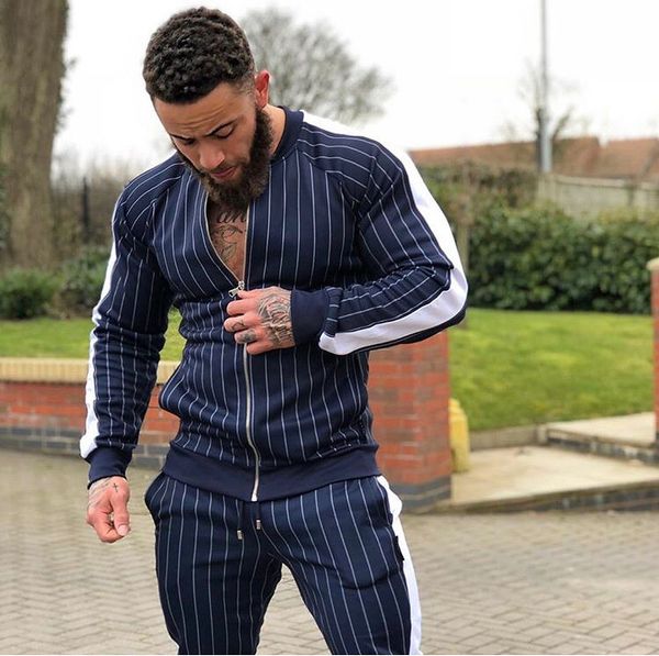 

2020 new fitness autumn winter men's stripe sports suit casual bodysuit fitness elastic running set hip hop, Gray