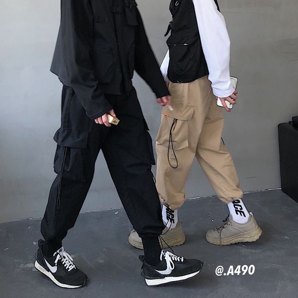 

2020 spring and autumn new men's drawstring pockets loose solid color overalls fashion casual pants black / khaki m-xl