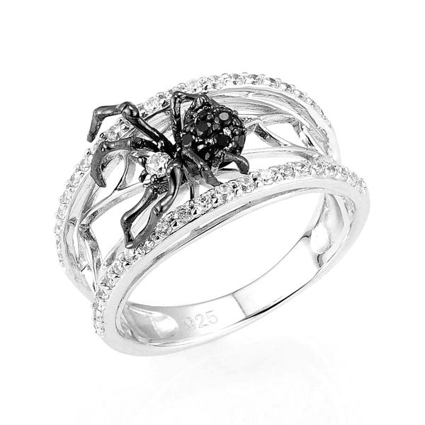 

aprilgrass brand designer black spider animal female jewelry white spider web micro paved zircon stone fashion women personality finger ring, Silver