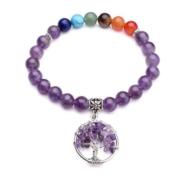 

10 pcs silver plated tree of life connect many colors quartz stone round beads elastic bracelet healing chakra jewelry, Black