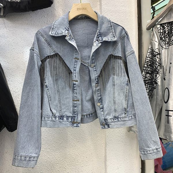 

denim short jacket women's 2020 spring fall new chains fringe loose high-waist jeans female black jean coats students coat, Black;brown