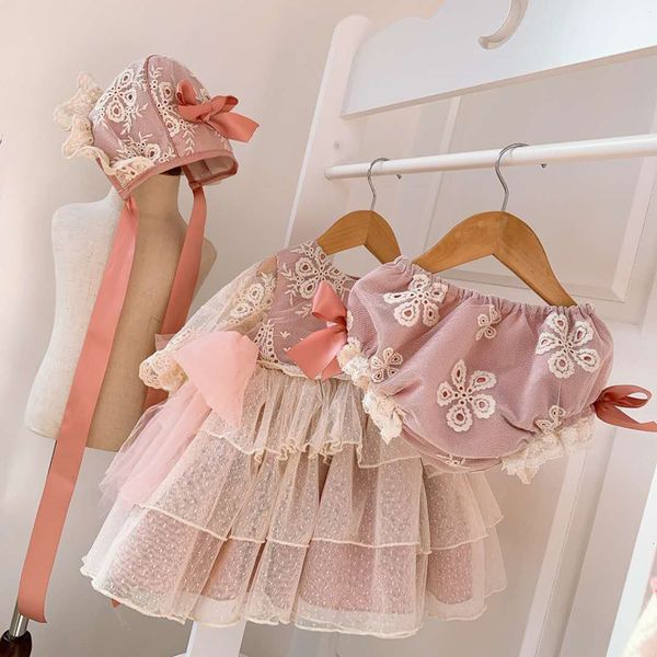 

3pcs summer vintag lolita spanish princess pink lace short sleeve dress for bady girl birthday party for cute child turkey dress t200709, Red;yellow