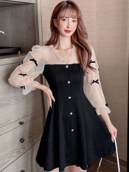 

sweet bow mesh puff sleeve skirt 2020 autumn and winter new waist slimming french temperament dress female, White;black