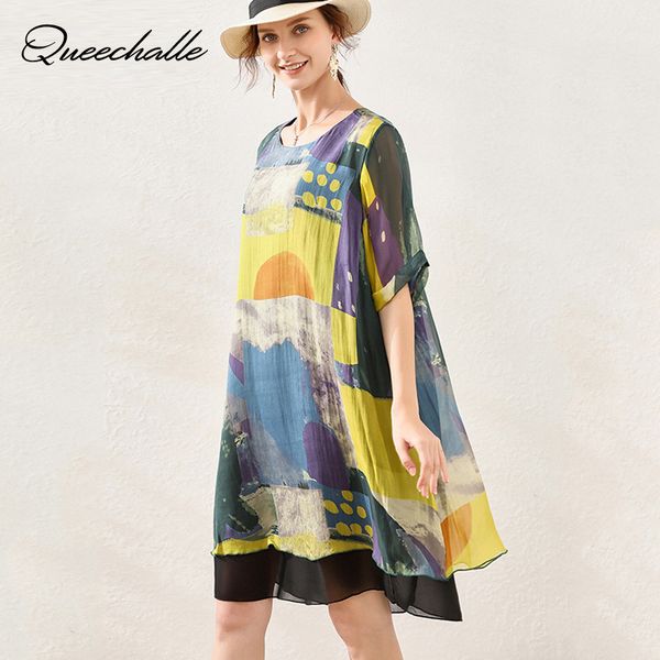 

retro print summer dress yellow plus size elegant loose a-line dress women o neck short sleeve midi female vestidos, Black;gray