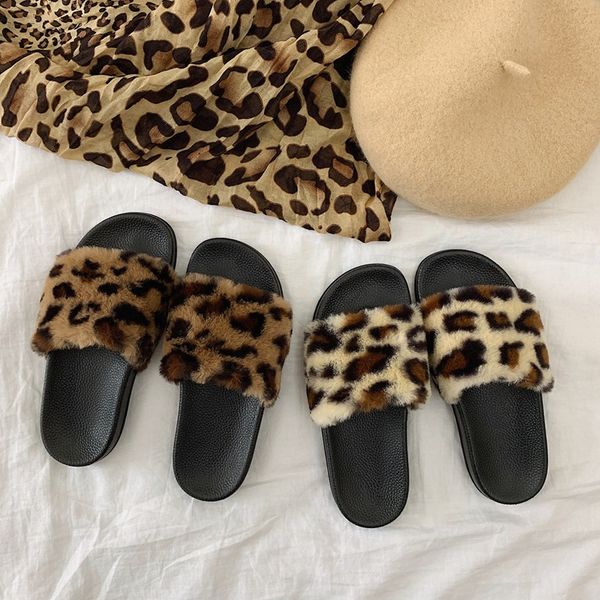

korean style leopard fur shoes winter women furry cool slippers warm rubber sliders outside indoor sandals girl slip on female, Black