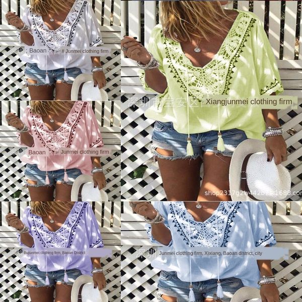 

2019 summer new stitching lace v-neck lace pullover pullover printed all-match shirt, White