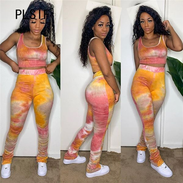 

women tracksuit summer tie dye print 2 pieces and long pant set lady casual two pieces tracksuits, White