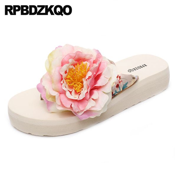 

platform flip flop designer slides women 2020 white flower cute big size satin lady flatforms low wedge sandals slippers shoes, Black