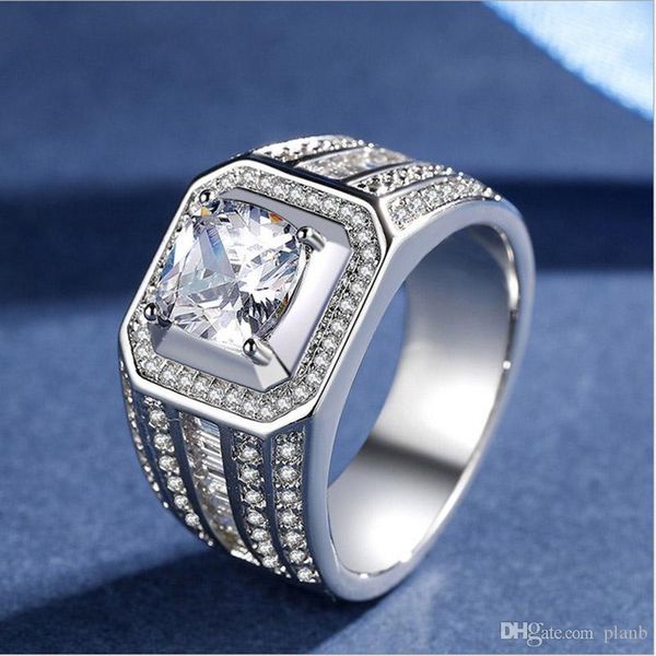 

mens luxury ring 925 silver plated cz diamond men white gold rings wedding gift platinum jewelry, Slivery;golden
