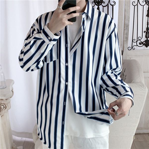 

autumn striped shirt men's fashion social men shirt contrast color business casual men streetwear loose long sleeve, White;black
