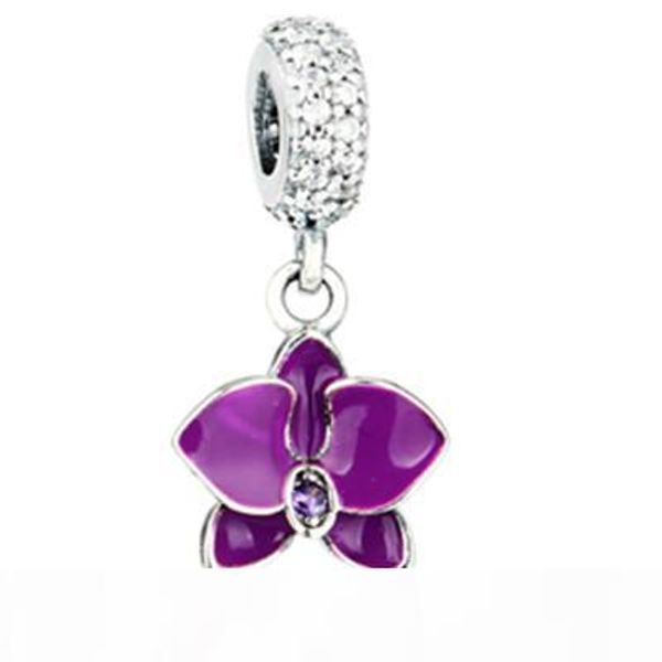

100% real s925 silver pendant fit pandora bracelet orchid hanging charm made of sterling silver flower shaped silver bead, Black