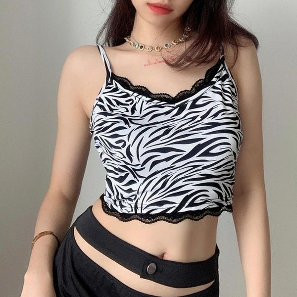 

черные кружева боковые летние топы женщины zebra print без рукавов спагетти ремень топы тройники мода без спинки обрезанные cami, White