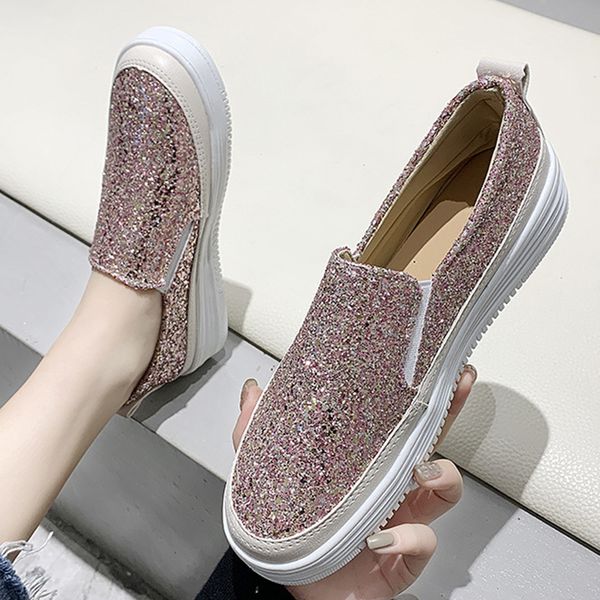 

bling bling elevated slip on loafers women ballerina glitter antiskid zapatos de mujer paillette platform shoes women flats 2020, Black
