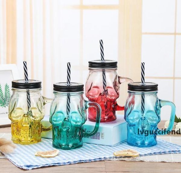 

creative gradient mason bottle with handle glass skull beer mug with straw